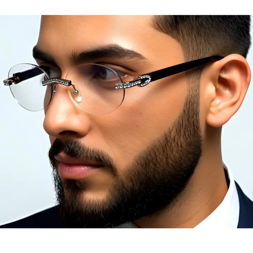 Rimless Sunglasses Rhinestone Silver Clear Lens Wood Grain Arm Men‎ Street Wear
